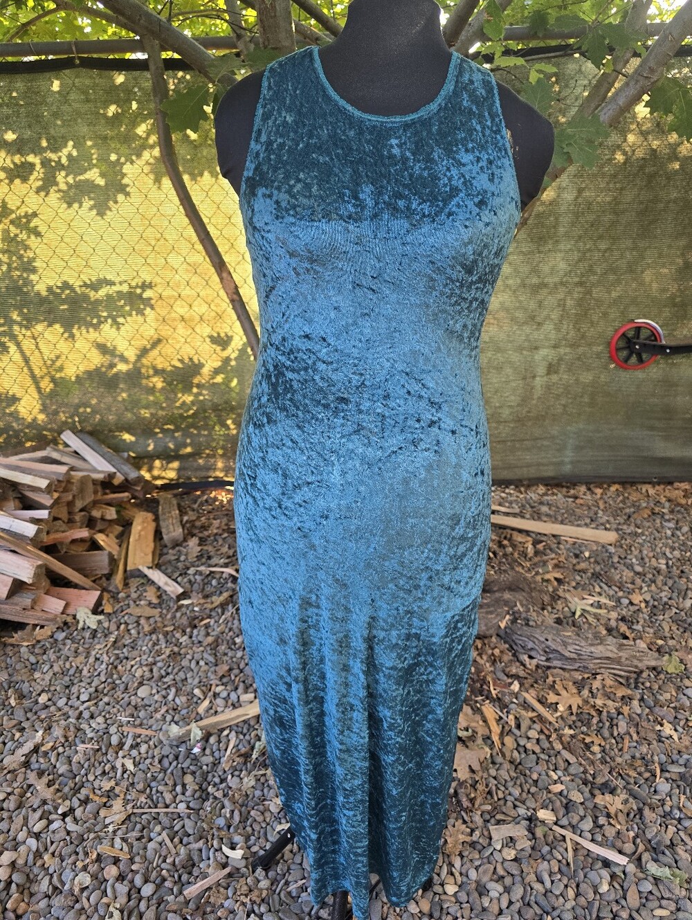 Vtg 90's Teal Crushed Velvet Sleeveless Bodycon Midi Dress Grunge Whimsigoth